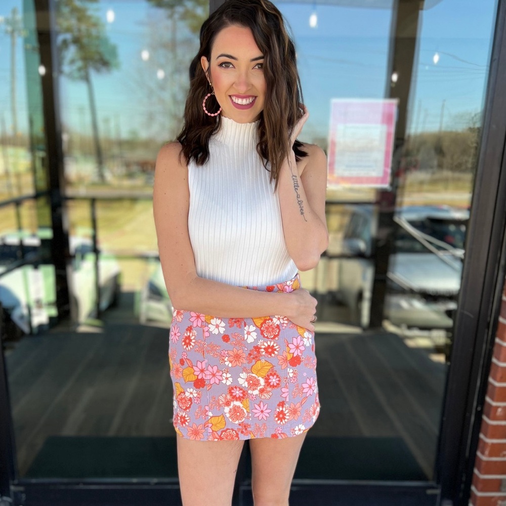 Peach Love California Floral Summer Denim Mini Skirt Retro 90s Vibes